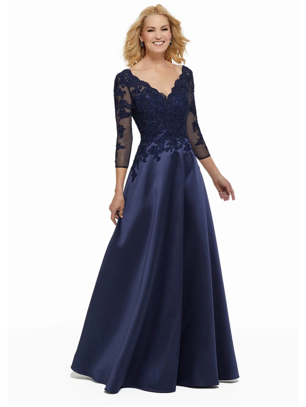 V-Neck Navy Lace A-Line Long Sleeve Dress